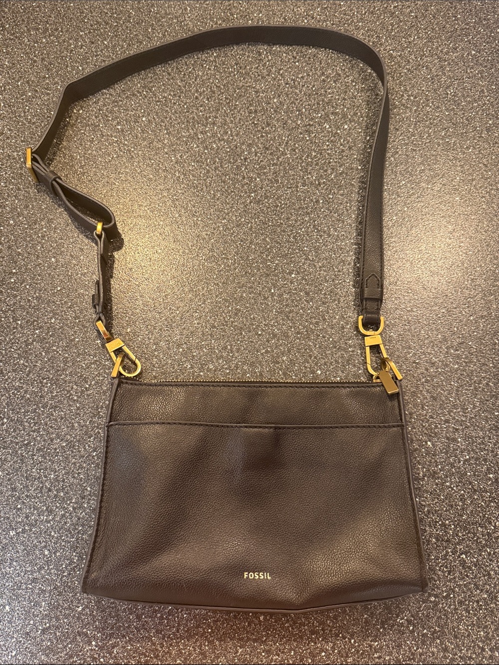 Fossil Black Leather Crossbody with Gold Hardware